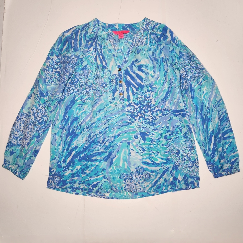 Lilly Pulitzer Elsa Silk Blouse Womens XS Blue Floral Long Sleeve VNeck Beach